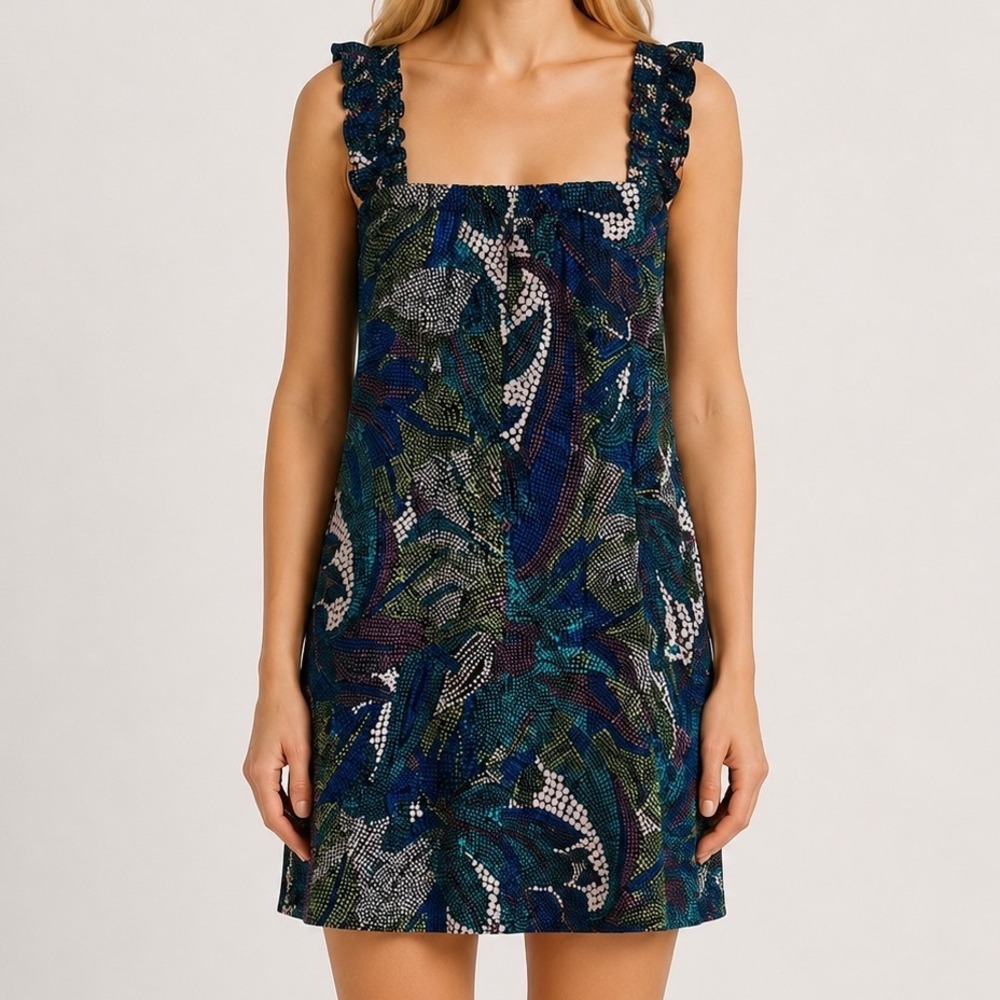 NU Collective Silk Mini Dress Festival Vibrant Wide Ruched Ruffle Straps Large